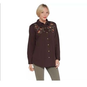 NWT Quaker Factory Button Front Embellished Dark Brown Size Medium Shirt Top